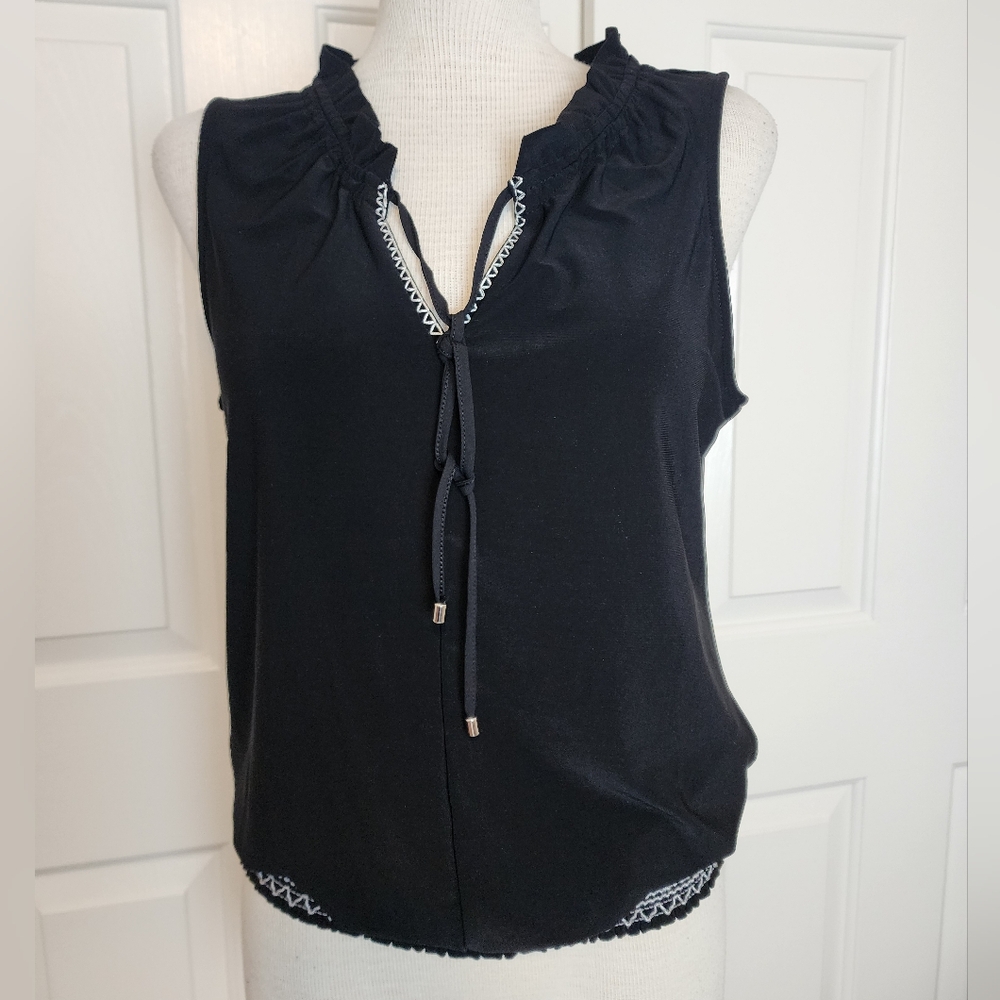 WHBM Black Sleeveless Embroidered Hem Neck Tie Elastic Waist Women's Top Size S